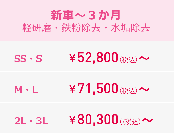 P-factoryガラスタイプ 新車～３か月軽研磨・鉄粉除去・水垢除去料金